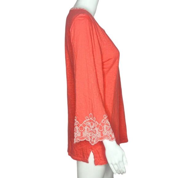 Talbots Shirt Women Medium Coral Orange White Embroidered Tunic Top Boho Peasant - Picture 2 of 6